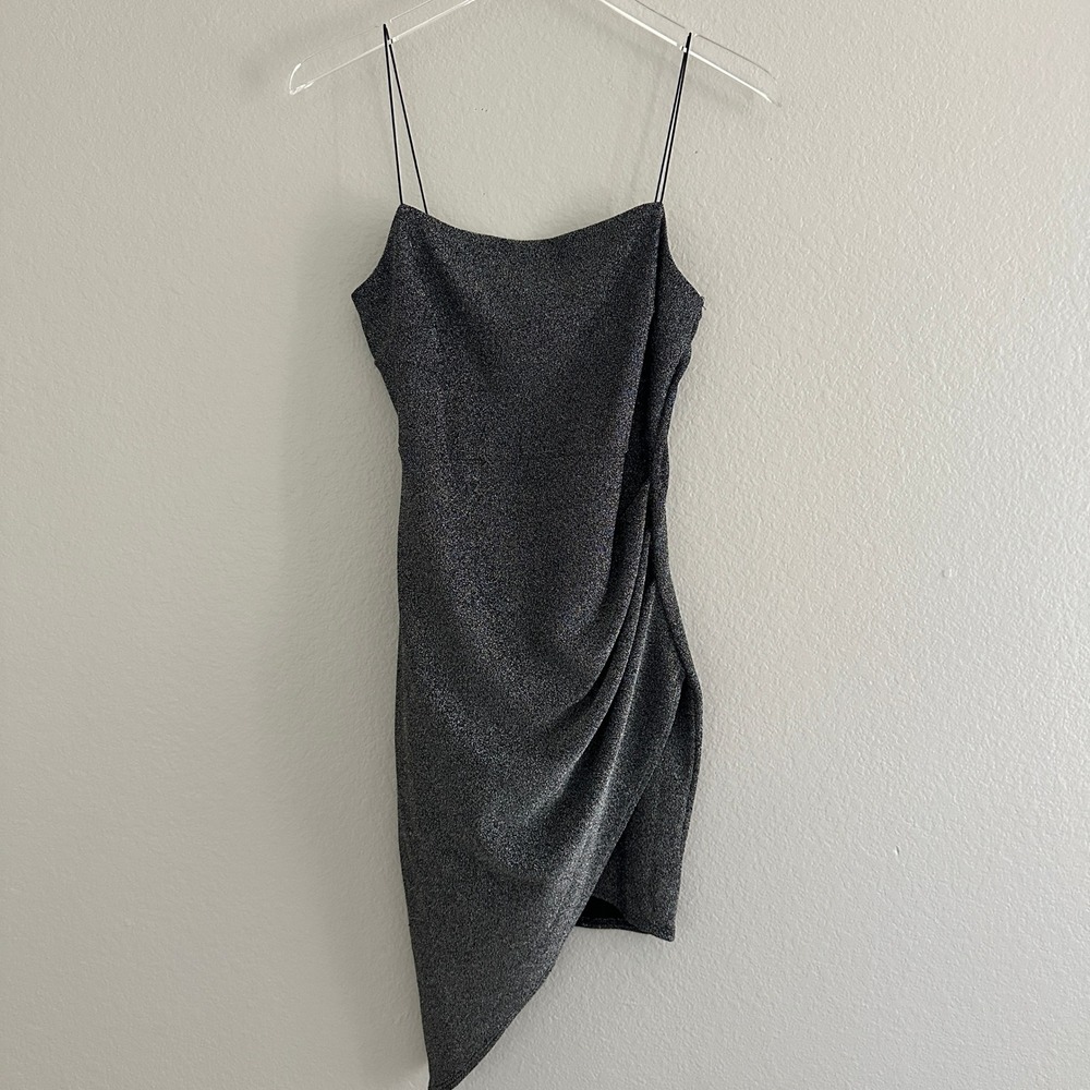 Windsor Mini Dress S Silver Black Glitter Asymmetrical Hem Bodycon Sparkle Prom